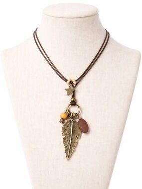 Boho Leaf Pendant Necklace Brown Cord Wood Beads Star Charm Layered
